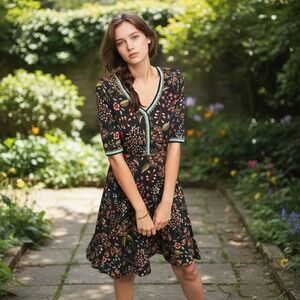 Anthropologie Aldomartins Appenzell Floral Knit Dress XS VNeck Fit Flare Viscose